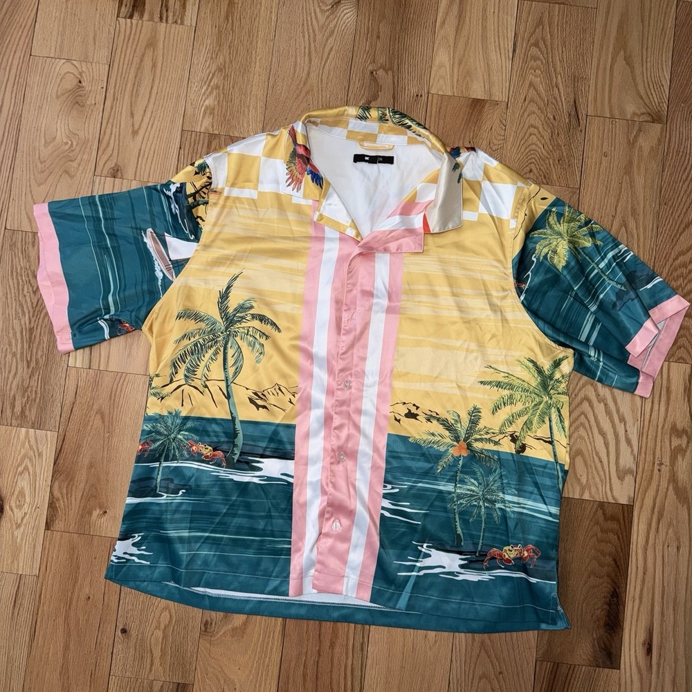 Nova Men's Beach Theme Beach Bottom Down Shirt Pink And Yellow Size XXXL